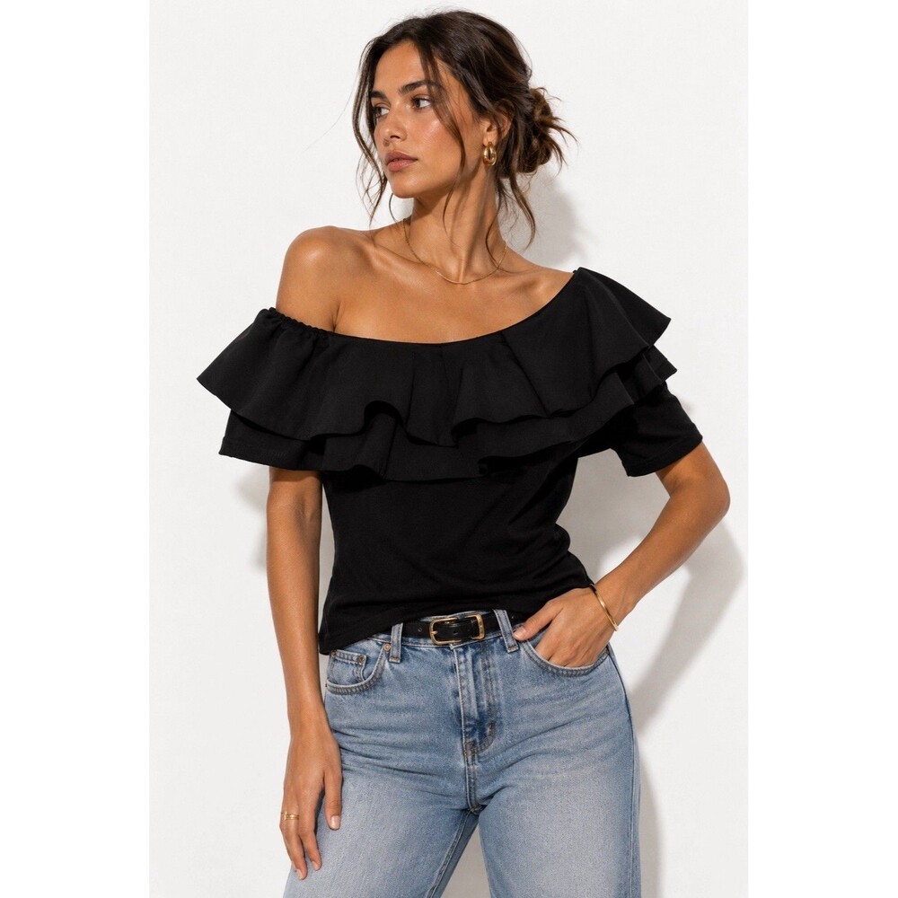 Vince Camuto Black Off Shoulder Ruffle Top Women’s Large Stretch Knit Blouse